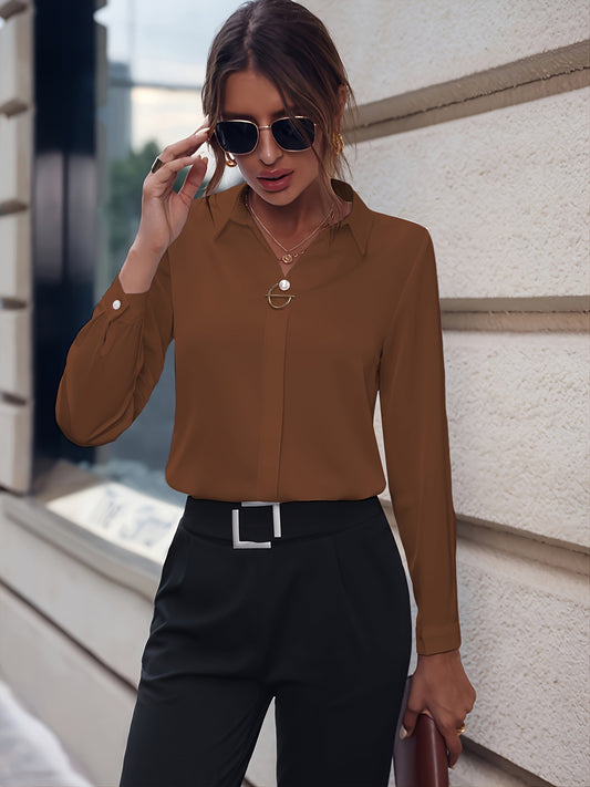 Stylish Long Sleeve Blouse with Pearl Button Details - Slim Fit, Versatile Solid Color Shirt for Women, Perfect for Casual or Office Wear