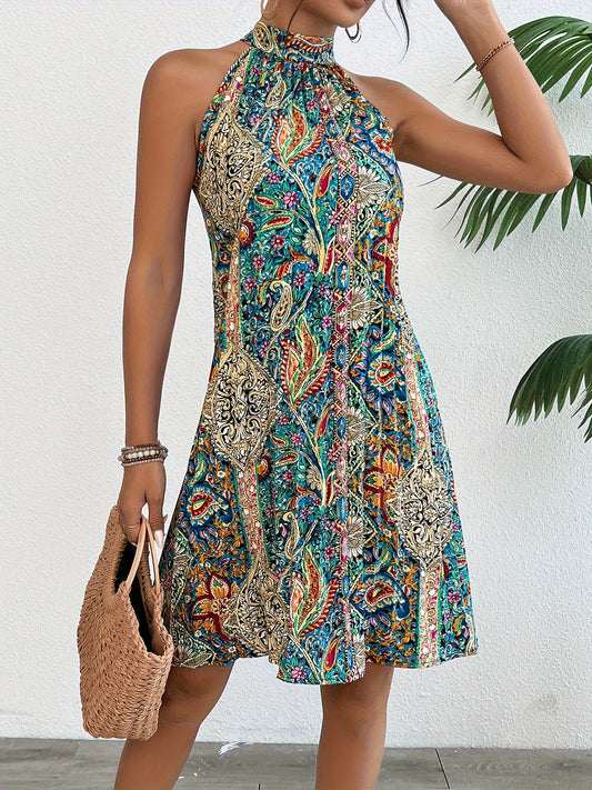 Beautiful summer dress with floral print and pleats, stylish sleeveless dress for summer, women's clothing