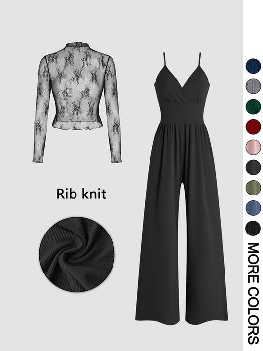 MARYAM™ - Solid Color Lace Tee & Pocket Jumpsuit Set