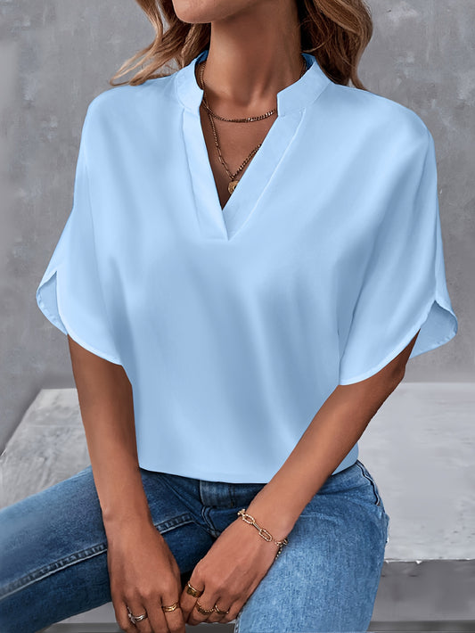 Solid Color Blouse with Notch, Casual Blouse with Short Split Sleeves for Spring & Summer, Women's Clothing