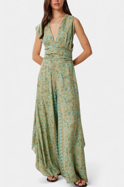 Leandra | Cross-Front Fluid Jumpsuit with Green Floral Print