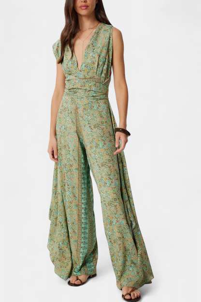 Leandra | Cross-Front Fluid Jumpsuit with Green Floral Print