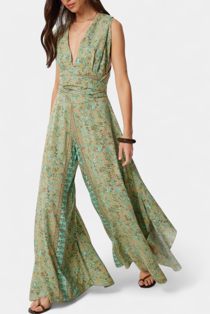 Leandra | Cross-Front Fluid Jumpsuit with Green Floral Print