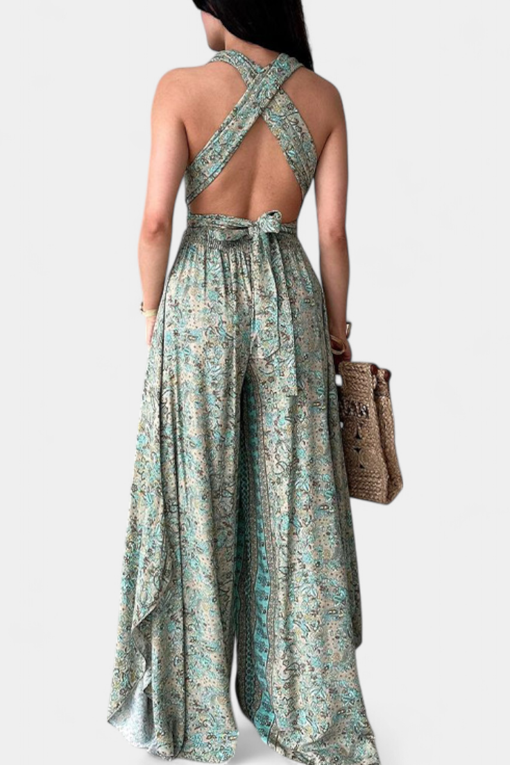 Leandra | Cross-Front Fluid Jumpsuit with Green Floral Print